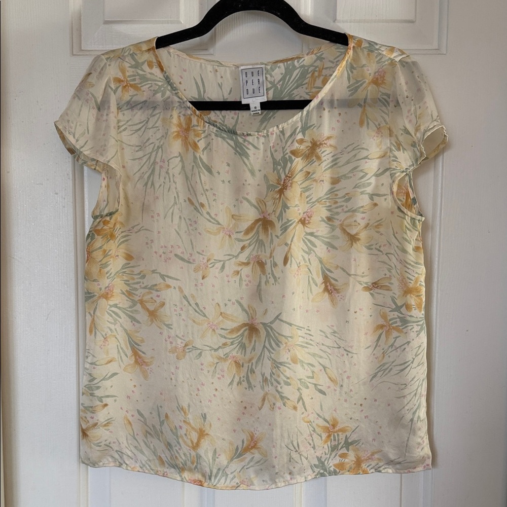 Vintage due per due 100% silk floral cap sleeve blouse size 10 cream yellow